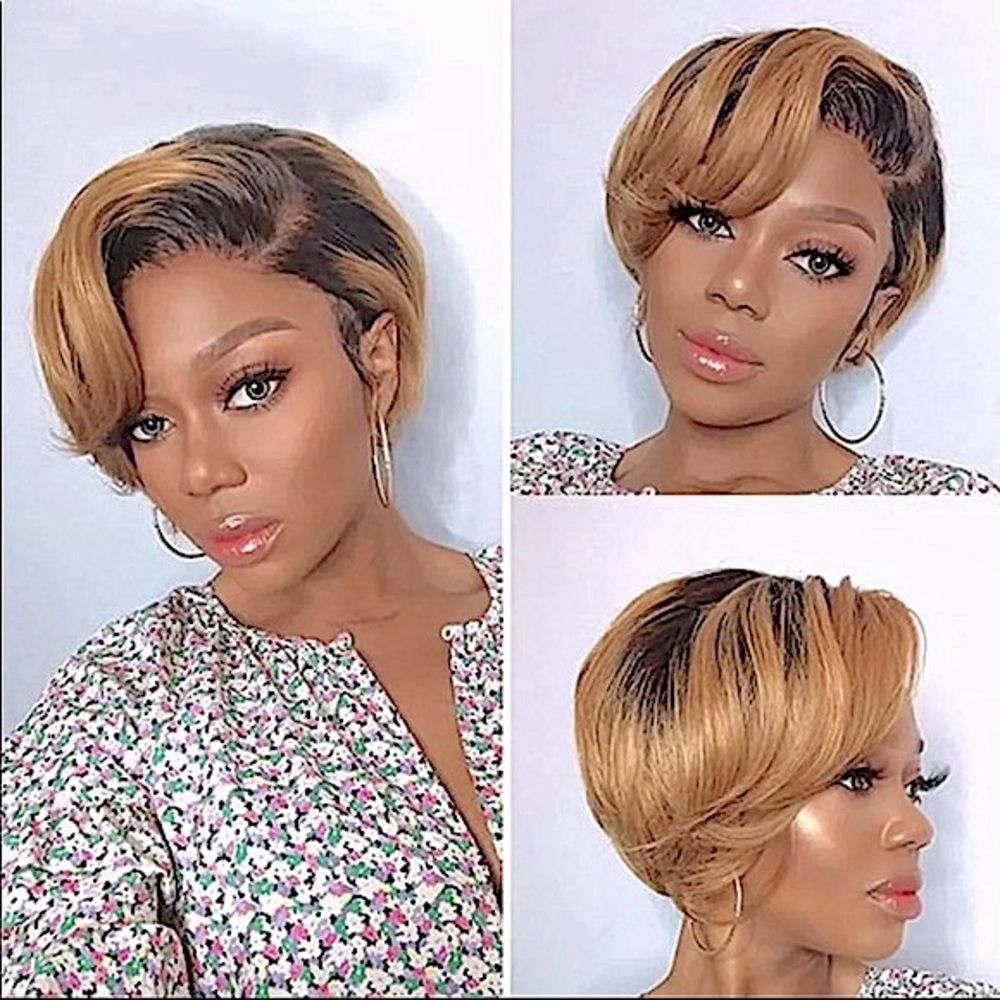 New With Boutique Tags Black & Honey Blonde Pixie Cut Brazilian Human Hair Wig